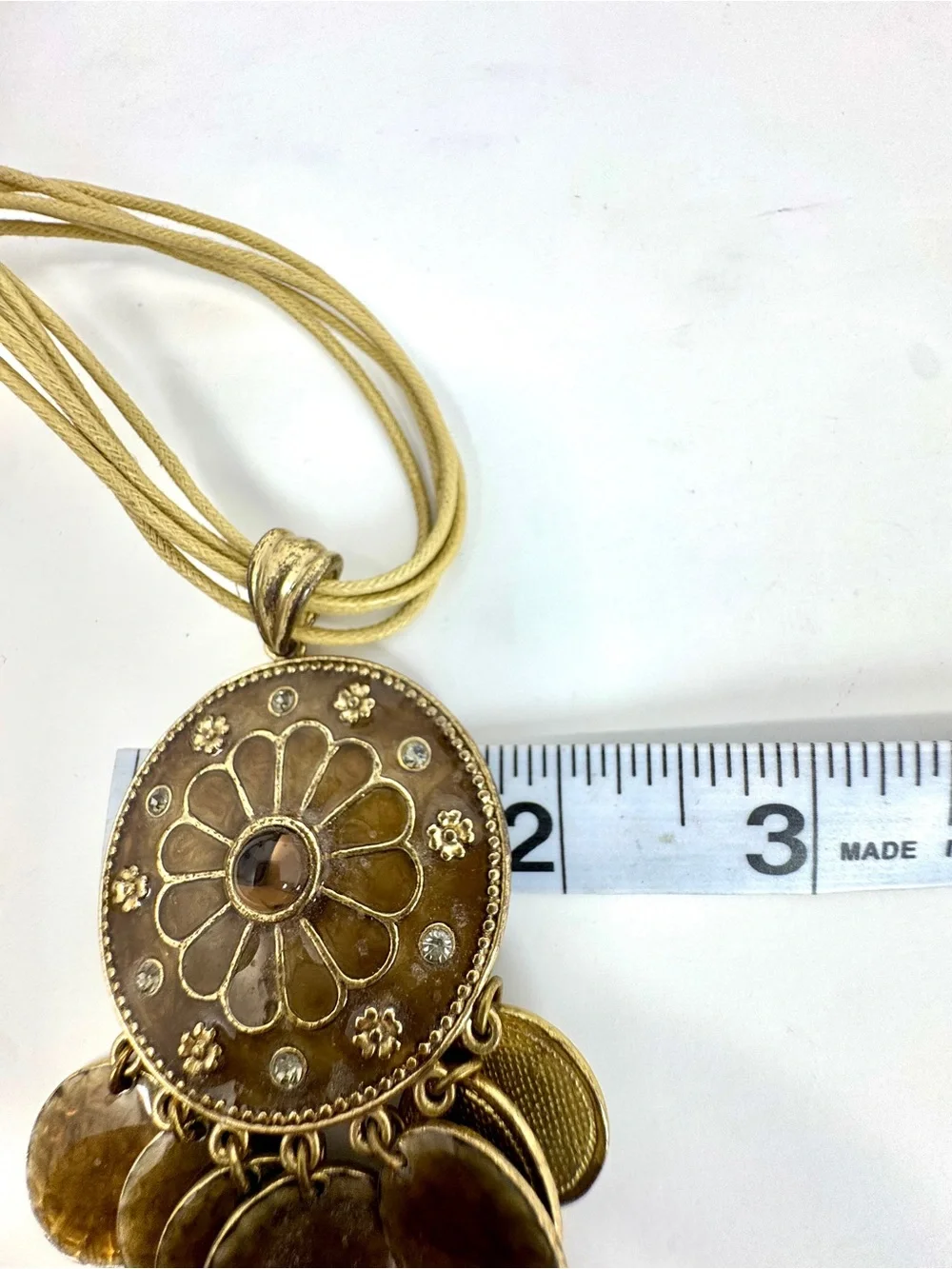 Vintage Boho Gold Tone Filigree Medallion Pendant Multi Strand Corded Necklace